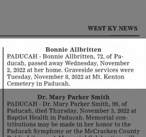 Obituary for Bonnie Allbritten